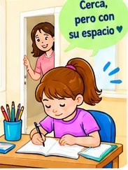 Una niña hace la tarea en su mesa mientras su madre la observa desde la puerta abierta