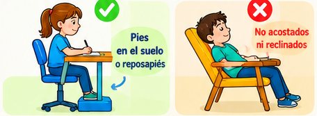 Comparación: a la izquierda, una niña bien sentada con los pies apoyados en un reposapiés (correcto); a la derecha, un niño recostado en un sillón (incorrecto)