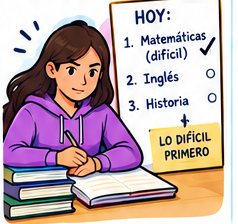 Una chica estudia junto a una lista del día que empieza por Matemáticas, marcada como lo difícil primero