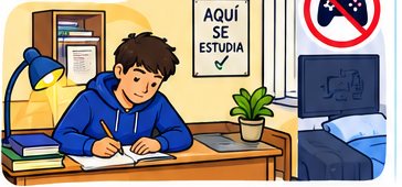 Un chico estudia en su escritorio con un cartel que dice «Aquí se estudia», junto a una consola tachada