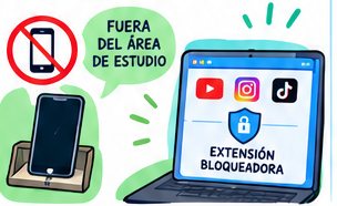 Un móvil cargando fuera del área de estudio y un portátil con una extensión que bloquea redes sociales