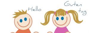 Ilustración de dos niños saludando en inglés y alemán